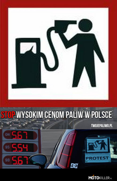 Stop wysokim cenom paliw w Polsce - odsłona druga – Poniżej fragmenty wypowiedzi organizatora protestu - Łukasza Jasińskiego (pozdrawiamy), z którym Motokiller nawiązał kontakt i odtąd juz razem się wspieramy w słusznej sprawie - obniżenia cen paliw:

W Unii Europejskiej jesteśmy już długo, przez ten czas zdążyliśmy dostosować się do cen i podatków na poziomie zachodnim. Niestety zapomnieliśmy o naszych zarobkach, które nadal są na poziomie wschodnim. Właśnie dysproporcja w możliwości zakupu paliwa zmusiła nas do protestu. Obecnie przeciętny Polak za godzinę pracy może zakupić trochę ponad 2 litry benzyny podczas, gdy inni członkowie UE mogą zakupić nawet 10 razy tyle.

Blokada dróg ma pokazać, że jeżeli Rząd nic nie zrobi z cenami paliw lub naszymi zarobkami to zablokujemy drogi, granice, lotniska i stadiony podczas Euro 2012. Działamy dla wszystkich, nie tylko kierowców, lecz także ludzi kupujących chleb. Cena chleba również zależna jest od transportu, czyli od ceny paliwa. 

Czy blokada dróg na EURO2012 jest ciągle aktualnym tematem?

Tak, poinformowałem o tym Premiera Donalda Tuska w liście który do niego wysłałem. Myślę, że Premier nie potraktował nas poważnie, dlatego już 24 marca będziemy powtarzali protest. Podczas EURO 2012, zablokujemy nie tylko drogi, ale i przejścia graniczne, lotniska i stadiony.

Rząd nigdy nie był wieczny. Dlatego skompromitujemy go na arenie międzynarodowej. Jeżeli Rząd nie chce działać dla ludzi, którzy przecież podczas wyborów oddali na nich swoje głosy to ludzie nie będą ich popierać i doprowadzimy do ich usunięcia. 

A poniżej szczegóły - będziemy uzupełniać na bieżąco. Ta informacja będzie do czasu protestu na stronie głównej naszego portalu. Zachęcamy do wzięcia udziału w proteście!

Po proteście 28 stycznia i apelu do Premiera nie było odzewu. Ogranizujemy kolejny protest, który jest ostrzeżeniem, że nie żartujemy. Ponownie zablokujemy wszystkie drogi w kraju poruszając się prędkością maksymalnie 40 km/h. Jest to ostateczne ostrzeżenie przed zablokowaniem EURO 2012.

W ostatnim proteście udział wzięło 109 miast i ponad 10 000 kierowców. Pokażmy, że teraz będzie nas więcej.

Lista miast biorących udział w Proteście:

Brzeg:
Zbiórka: 24.03.12 godz. 12:00 - Obwodnica – Parking zajazdu Rybiorz
Trasa Przejazdu: Blokowanie Autostrady A4 na trasie Brzeg – Wrocław i powrót tą samą drogą. Prędkość przejazdu 40 km/h
Organizator: Jasiński Łukasz Tel: 886-33-07-33 yasiu@twojepaliwo.pl

Białystok:
Zbiórka: 24.03.2012 godz. 11:30 Giełda samochodowa- Krywlany 
Trasa przejazdu: Giełda samochodowa Krywlany- Adama Mickiewicza- Czesława Miłosza- Jana Klemensa Branickiego- Nowowarszawska- Księdza Stanisława Suchowolca- Zabłudowska- Zwierki- Zabłudów (zawracamy na rondzie przy ul. Adama Mickiewicza w Zabłudowie). 

BOLESŁAWIEC: 
Zbiórka: 24.03.12, godz. 12:00, parking TESCO 
Trasa przejazdu: Bolesławiec (parking Tesco) -> obwodnica -> Łąka -> A4 (w kierunku Wrocławia) -> aż do zjazdu koło KFC w Szczytnicy -> blokada stacji ORLEN (tankujemy za 1 zł) -> a następnie będziemy zawracać -> A4 -> Łąka -> Bolesławiec.
Bolesławiecki Serwis Informacyjny:
Kontakt: Radosław Majchrzyk tel. 784-373-862

Gliwice:
Miejsce i godzina zbiórki : 24.03 godz 12:00 Parking AUCHAN Gliwice ul. Rybnicka
Trasa przejazdu :Gliwice-Katowice-Gliwice (A4)
kontakt : Maria Czajkowska-Tarała tel. 889-554-539 Sebastian Piontek tel 787-817-071

Inowrocław:
godz 12 , Parking nieczynnego marketu Albert ul.Solna 20 ( vis a vis Stacji BP) 
Trasa Przejazdu: Solna,Poznańska ,St Staszica, Dworcowa ,Szosa Bydgoska, Dworcowa,Kopernika, Rosevelta,al.Niepodległości, Miechowicka, Poznańska,Górnicza,Szymborska, Andrzeja do Stacji PKN Orlen. Wariant dłuższy ( zgoda i chęci uczestników) od ul.Miechowickiej ulicami Niepodległości, Staropoznańską,Fabryczna ,Poznańska-Mątwy, Poznańska do ul.Górniczej i dalej jak w podstawowej
kontakt: Leszek Urbaniak nr tel 603-047-547, kujawskopomorskie@twojepaliwo.pl, GG 7395120 
Wydarzenie na facebooku

Poznań:
Zbiórka: godz 11:30 stacja paliw Orlen na ul. Zgoda przy dworcu autobusowym na Poznańskim Górczynie (po prawej stronie przed wiaduktem na Komorniki) 
Trasa przejazdu: Start ORLEN Zgoda, Głogowska do zjazdu na nie płatny odcinek A2 w kierunku Kórnika , Dolna Wilda , Piastwska , Droga Dębińska , Królowej Jadwigi, Estakada Katowicka do zjazdu na A2, tam zawracamy na estakadę Katowicką, kończymy na parkingu na Franowie 
kontakt: ADAM TYRANOWSKI TEL 514 132 264 wielkopolskie@twojepaliwo.pl

Rzeszów:
Zbiórka o godzinie 11:30 na parkingu pomiedzy auchan a Leroy Merlin ( przy trasie E4 Rzeszów Łancut)
Auchan-> łancut -> rzeszów ( po drodze &quot;tankowanie&quot; na orlenie) -zawracamy na rondzie pobitno i kierujemy sie w strone parkingu auchan.
Kontakt: Paweł Wilk tel: 507-130-290 podkarpackie@twojepaliwo.pl

SOSNOWIEC/JAWORZNO:
Miejsce i godzina zbiórki Orląt Lwowskich 138, SOSNOWIEC,GODZ 11.30 :) 
Trasa przejazdu : S1, a następnie A4 jezdzac w kolo do zjazdu na Załęże i
spowrotem do zjazdu na mysłowice 
Kontakt : ANGELIKA DYBKA ( WOJEWÓDZKI + LOKALNY) 515-793-566 ; LOKALNY Michał Kaczor 696457369

Tarnów: 
Zbiórka: 24.03 Stacja GROSAR, Al.Jana Pawła II godzina 12:00 
Przejazd Al. Jana Pawła II, ul.Lwowską obok szpitala Św. Łukasza, wjazd na drogę A4 w kierunku Krakowa, zjazd na ul. Krakowską, koniec na Bp na ul. Pułaskiego, blokujemy wszystkie stacje po drodze, tankujemy za najniższe kwoty.
Kontakt: Aneta Lawrenc 608 270 851 malopolskie@twojepaliwo.pl

Włocławek:
godz 12,  Parking przed Halą Mistrzów al. Fryderyka Chopina
Trasa Przejazdu: Trasa w realizacji 
kontakt: Kuba Zieliński  nr tel 791-875-505, zielok_88@tlen.pl , GG 50370707


Chcesz zgłosić się do organizacji? Napisz do naszych koordynatorów:

Spis koordynatorów wojewódzkich:
Dolnośląskie:

Kujawsko-Pomorskie
Leszek Urbaniak
tel: 603047547
kujawskopomorskie@twojepaliwo.pl

Lubelskie
Kamil Włodarczyk
lubelskie@twojepaliwo.pl

Lubuskie
Łukasz Kuczenko
tel: 697-624-862
lubuskie@twojepaliwo.pl

Łódzkie
Piotr Kabza
lodzkie@twojepaliwo.pl

Małopolskie
Aneta Lawrenc
malopolskie@twojepaliwo.pl

Mazowieckie

Opolskie
Jasiński Łukasz
tel: 886-33-07-33
opolskie@twojepaliwo.pl

Podkarpackie
Paweł Wilk
tel: 507-130-290
podkarpackie@twojepaliwo.pl

Podlaskie
Petelski Rafał
tel: 513 582 414
podlaskie@twojepaliwo.pl

Pomorskie
Kasia Sawczuk
tel: 516440302
pomorskie@twojepaliwo.pl

Śląskie
Angelika Dybka
tel: 515793566
slaskie@twojepaliwo.pl

Warmińsko-Mazurskie

Wielkopolskie
Adam Tyranowski
TEL. 514-132-264
wielkopolskie@twojepaliwo.pl

Zachodnio-Pomorskie
Piotr Dołżonek
zachodniopomorskie@twojepaliwo.pl

Prosimy zgłaszać miasta i organizatorów oraz formę protestu i godziny spotkania bezpośrednio do Łukasza lub osób zajmujących się danymi województwami - kontakt podany w linku poniżej:

http://www.facebook.com/pages/Stop-wysokim-cenom-paliw-w-Polsce/220579961360076 