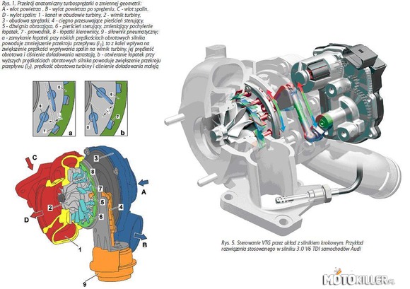 Turbosprężarka o zmiennej geometrii. – Jak pewnie wiecie wadą turbosprężarek jest występowanie efektu turbodziury czyli niewystarczającego ciśnienia doładowania względem aktualnych obrotów silnika. Na szczęście i tutaj inżynierowie przyszli z pomocą. Zmodernizowali konstrukcję turbiny nadając jej nazwę VGT - Variable Geometry Turbocharger (turbosprężarka o zmiennej geometrii). Nazwa może pomóc zrozumieć o co mniej więcej chodzi. Chodzi o zmienną geometrię łopatek które nakierowują spaliny na wirnik turbiny (części napędzającej) aby w danym momencie jak najefektywniej je wykorzystywała. Obroty sprężarki stają się bardziej niezależne od obrotów silnika przez co efekt turbodziury jest niemal całkowicie niwelowany. 

Przekrój turbosprężarki VGT przedstawiono na rysunku. Rolę kierownic strumienia spalin pełnią ruchome łopatki, a ich kąt nachylenia zmienia się poprzez kątowy obrót ruchomego pierścienia, na którym są osadzone łopatki. Spaliny dostają się kanałem (1) na łopatki turbiny. Podciśnienie w kolektorze ssącym (wytwarzane przez sprężarkę) działa na membranę siłownika¹ (9). Poprzez cięgno (4) zostaje obrócony pierścień sterujący (6), który zmienia kąt ustawienia łopatek (8) kierujących strugę spalin na turbinę (2). Położenie łopatek kierujących jest zależne od ciśnienia doładowania. Podczas pracy silnika z małą prędkością obrotową, łopatki zostają ustawione w położeniu zmniejszającym przekrój przepływu powietrza, które płynąc prędzej rozpędza turbinę do większej prędkości (rys. 1a i 2b). Dzięki temu silnik osiąga większą moc już w dolnym zakresie jego prędkości obrotowej. Gdy silnik pracuje z dużą prędkością obrotową, ciśnienie doładowania nie może być przekroczone i dlatego łopatki zostają ustawione w położeniu zwiększającym średnicę przekroju (rys. 1b i 2a). Przekrój przepływu jest na tyle zwiększony, aby przepływające powietrze napędzało koło turbiny tylko do wymaganej prędkości. 

Istnieją również turbosprężarki VGT, w których zamiast regulowanych łopatek kierownicy stosuje się pierścień przesuwny, przysłaniający wlot spalin na łopatki kierownicy.

Pierwsze próby ze sprężarką VGT podjęła Honda w 1980 r. w modelu Legend Wing Turbo. Jednak pierwszym samochodem wyposażonym w turbosprężarkę VNT-25 Garret i skierowanym w 1989 r. do produkcji seryjnej (powstało tylko 500 egzemplarzy) był Shelby CSX-VNT z silnikiem 2.2L Chryslera. W Europie turbosprężarka o zmiennej geometrii pojawiła się po raz pierwszy w 1992 r. w modelu Peugeot 405 T16 z silnikiem 2.0 16V, który został wypuszczony w liczbie 1046 egzemplarzy. Swoją popularność turbosprężarki VTG zawdzięczają silnikom TDI koncernu VW, gdzie zaczęto je stosować od 1996 r. Chociaż technologia VTG jest już powszechnie stosowana w silnikach wysokoprężnych, to była ignorowana w silnikach benzynowych. Wynikało to z tego, że spaliny silników benzynowych mogą osiągnąć temperatury do 950°C w porównaniu do 700-800°C panujących w silnikach Diesla. A to sprawiało trudności w doborze materiałów na łopatki turbiny i w zachowaniu odpowiednich tolerancji, zwłaszcza w odniesieniu do ruchomych elementów. Konstruktorom udało się uporać z tym problemem dopiero w 2006 r. w silniku Porsche 911 (997) Turbo, dzięki metodom obliczeniowym i materiałom przejętym z lotnictwa. Dokładny skład tych ostatnich pozostaje tajemnicą firmy, wiadomo jednak, że na łopatki kierownicy użyto m.in. odpornego na wysokie temperatury stopu niklu.

Ponadto, z uwagi na większą ilość ruchomych elementów, turbosprężarki te są bardziej wrażliwe na zanieczyszczony(stary) olej a przy okazji remontu/wymiany bardziej kosztowne.

¹ - w nowszych układach stosuje się silniki krokowe sterowane komputerem co daje większą precyzję w regulacji obrotów turbo. Przykład na obrazku gdzie widać turbinę zastosowaną w silniku Audi 3.0 V6 TDI. 