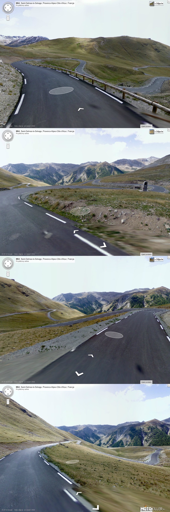 Podróż przez Alpy z Google Street View – odc.4 droga M64 Francja prowadzi z miejscowości Saint-Etienne-de-Tinee do Jausiers. Gdy przeglądam mapę wybieram najciekawsze odcinki dróg tam gdzie jest mało drzew (dużo dróg biegnie przez las gdzie widać tylko 1 zakręt) żeby móc ukazać jak największą ilość zakrętów na jednym ujęciu. 