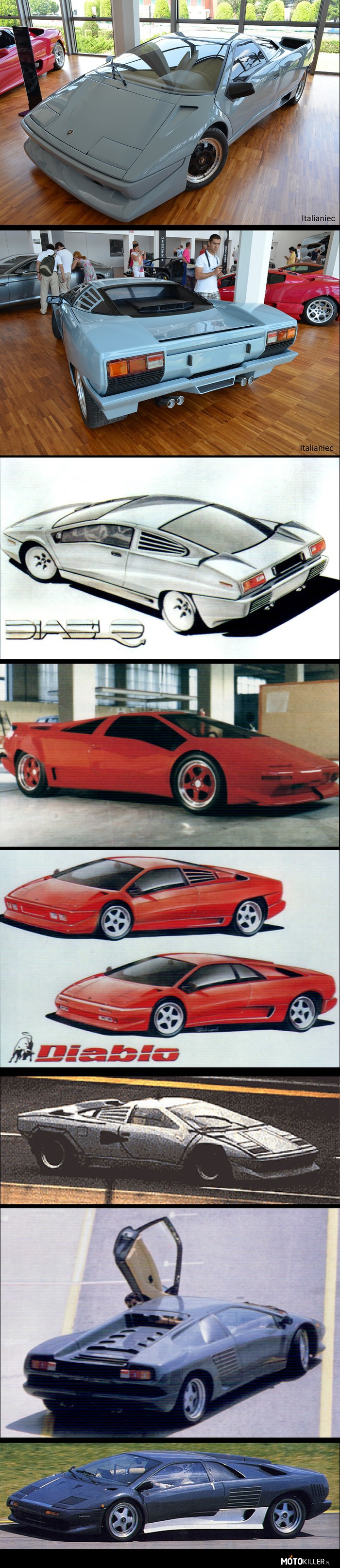 Lamborghini P132 – Pewnie mało osób o nie słyszało i będzie jeszcze mniejsze zainteresowanie.
1987 rok, Countach jest w sprzedaży od 14 lat, więc już najwyższy czas pomyśleć nad jego następcą. Projekt zlecono Marcello Gandini i efekty można zobaczyć na trzecim zdjęciu. Klapa silnika miała być ze szkła ale testy wykazały że nie był korzystny dla chłodzenia silnika, więc z niego zrezygnowano. Do projektu wtrącił się też Chrysler, nowy właściciel włoskiej marki. Zmienili projekt Gandiniego (4 zdjęcie), potem doszli razem do kompromisu. Na końcu Gandini narysował definitywny model następcy Countacha, o nazwie Diablo.
Powstało kilka testowych prototypów (ostatnie trzy zdjęcia).
Tak właściwie to następca Countacha miał zostać stworzony na 25 rocznicę, ale panowie z lamborghini za późno się z tym obudzili, więc z okazji 25-lecia swojego istnienia, w 1988, zrobili specjalną wersję Countacha. 