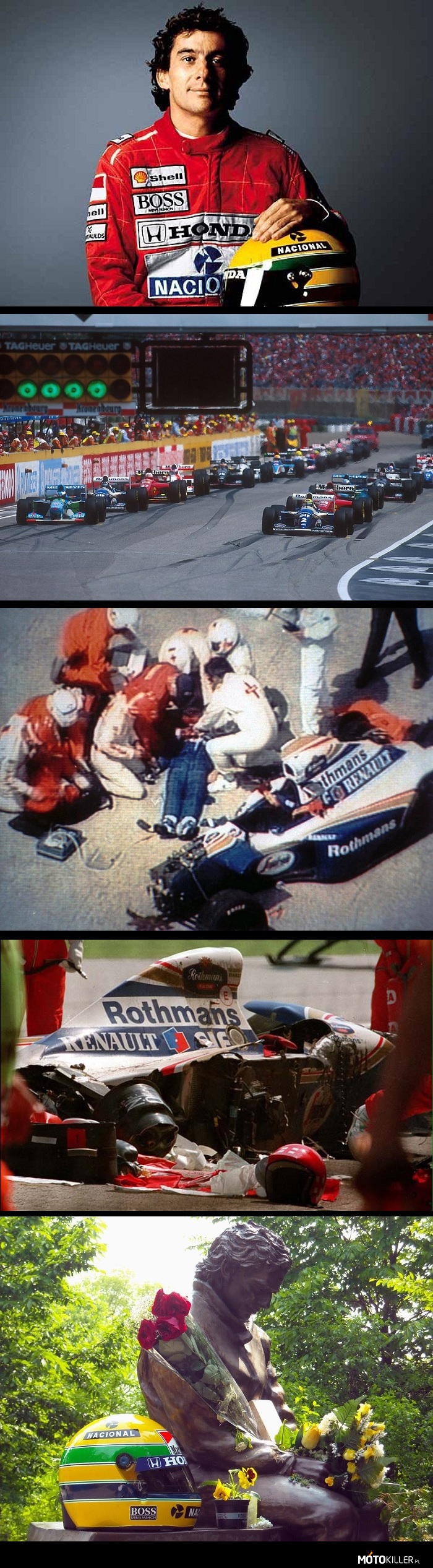 Ayrton Senna 1960-1994 – Dzisiaj przypada 20-ta rocznica tragicznego wypadku w którym zginął jeden z najlepszych kierowców F1 wszechczasów. Zginął na torze Imola podczas GP San Marino, znane jest jako &quot;Czarny Weekend&quot;, gdyż już podczas piątkowych porannych treningów Rubens Barrichello uległ ciężkiemu wypadkowi, a podczas kwalifikacji na skutek uszkodzenia przedniego spoilera Roland Ratzenberger wypadł z toru na szybkim zakręcie Villeneuve i uderzył w betonową barierę, ginąc na miejscu wypadku. Następnego dnia, tuż po starcie wyścigu doszło do poważnego wypadku. Po zderzeniu Benettona JJ Lehto i Lotusa Pedro Lamy&apos;ego na tor wyjechał samochód bezpieczeństwa. O pierwszą pozycję na nierozgrzanych oponach walczyli trzykrotny mistrz świata Ayrton Senna w Williamsie i Niemiec Michael Schumacher w Benettonie. Na bardzo szybkim zakręcie &quot;Tamburello&quot; Brazylijczyk (z niewyjaśnionych do dzisiaj przyczyn, przyjmuje się jednak, że przyczyną było pęknięcia drążka kierowniczego) zjechał na zewnętrzną stronę toru, po czym uderzył w barierę. Brazylijczyka odwieziono do szpitala, gdzie kilka godzin później zmarł. Był to najtragiczniejszy weekend wyścigowy w Formule 1 od Grand Prix Belgii 1960 kiedy to zginęli Chris Bristow i Alan Stacey.  Po tym tragicznym wydarzeniu niektóre zakręty zostały przebudowane. 