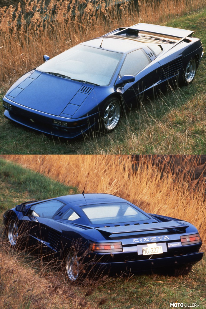 1991 Cizeta Moroder V16T – Cizeta w pełnej okazałości. Widać pewne podobieństwa do Diablo. Ciekawostką są dwie pary otwieranych reflektorów z przodu, oraz poprzecznie umieszczone przed tylną osią V16. 