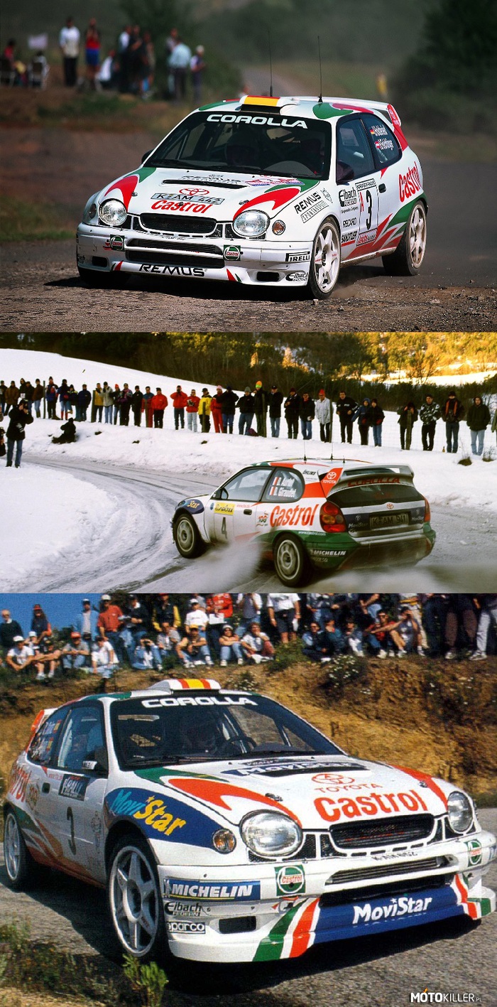 Kultowe rajdówki – Toyota Corolla WRC

Powrót Toyoty po dyskwalifikacji z zupełnie nowym samochodem. Bardzo udana konstrukcja - Mistrzostwo Świta Konstruktorów 1999, drugie miejsce w 1998 i przegrane na ostatnich metrach Mistrzostwo Świata Kierowców 1998, w rezultacie drugie miejsce Carlosa Sainza. 
