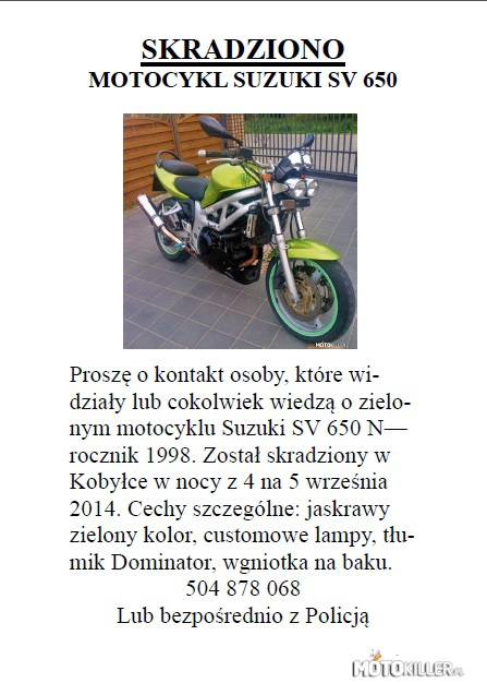 SKRADZIONO 4/5.09.2014 – Bardzo proszę wszystkich o udostępnienie. Motocykl skradziono na terenie Kobyłki. 
