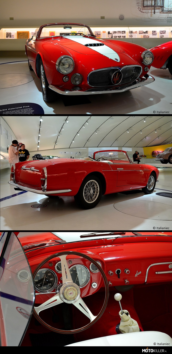 1956 Maserati A6G/54 Cabriolet Frua – W 1954 Maserati wprowadziło A6G/54, wyposażona w silnik DOHC pochodzący z wyscigów. Projekt nadwozia został powierzony Frua, Allemano i Zagato. 
Pietro Frua zaproponował wersje GT (powstało 5 egzemplarzy) i z miękkim dachem, której wyprodukowano dwie serie. Samochód na zdjeciach jest pierwszym należącym do drugiej serii.

Silnik  R6 DOHC 1985cc.
Moc 150 KM 
V max. 210 Km/h 
