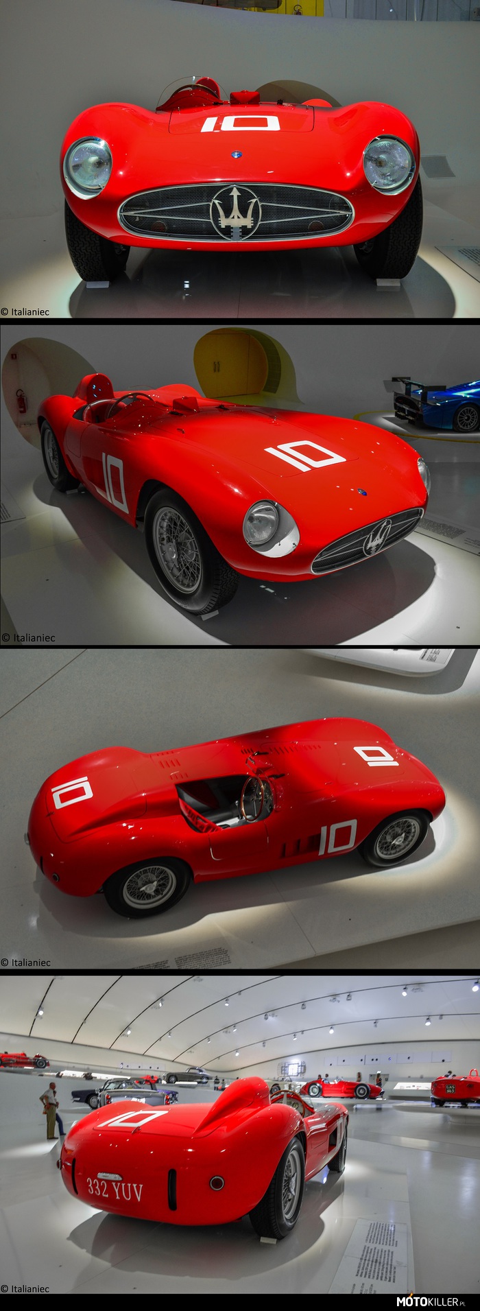 1955 Maserati 300S – Pierwszy samochód wyścigowy o dużej pojemności,  mowa o 3 l rzędowej szóstce, pochodzący  z bolidu 250F. Wzrost mocy nie jest za duży (245KM z poprzednich 240), ale dzięki temu jednostka była bardziej żywotna. Egzemplarz na zdjęciach pochodzi z 1955 roku. Rok, w który nie był najlepszy dla tego modelu: przez problemy mechaniczne odniósł zwycięztwo tylko w GP Wenezueli, z Juan Manuel Fangio za kierownicą. Za to rok później 300S został wicemistrzem świata. W 1957 roku, po wypadku na Mille MIglia (który położył kres wyscigom drogowym w Europie) pozostałe 300S zostały sprzedane do USA, gdzie odnosił kolenje sukcesy. 
