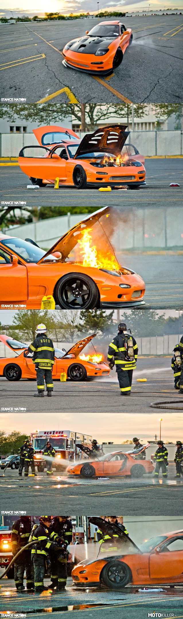 Smutna historia RX7 &#039;93 – &quot;Arvin nagle zatrzymał samochód i otworzył maskę tylko po to, żeby widzieć ogień. Zanim zdążył cokolwiek zrobić ogień spalił jego przewody olejowe. Kiedy olej rozlał się po całym silniku zaczął płonąć. Następnie ogień spalił pierścienie uszczelniające wtryskiwacze, które wypuściły uciśnione paliwo i spryskały płomień, co niestety uniemożliwiło jego kontrolę.

Arvin i jego przyjaciele próbowali wszystkiego, żeby powstrzymać ogień, ale nie mogli zapobiec jej spaleniu. Skończyli wzywając straż pożarną. Turbo i wiązki w silniku spalone, ogień rozprzestrzenił się na błotniku. To zniszczyło amortyzatory, spaliło hamulec główny i siłownik sprzęgła. Wszystkie przewody, mocowanie silnika, złączka intercoolera zostały stopione. Zanosiło się na rozprzestrzenienie pożaru w kabinie, ale wielkie brawa dla straży pożarnej.
Minusem straży pożarnej było to, że złamali otwarte drzwi i dosłownie wyrwali wnętrze. Potłukli również przednią szybę. &quot;To był najsmutniejszy dzień&quot; powiedział nam Arvin. Nadal jest bardzo wdzięczny straży pożarnej.&quot;

Przetłumaczyłem tekst (kaleko trochę). Nauka angielskiego i przyjemność w jednym. 
