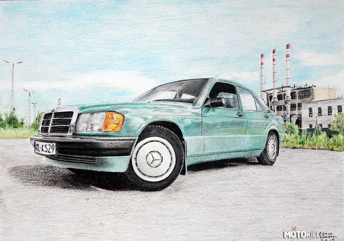 Mój Mercedes 190E W201 - rysunek – Dziś chciałem Wam pokazać rysunek mojego samochodu, który wykonałem kredkami. 
Jak Wam się podoba?

Zapraszam na mój fanpage z rysunkami na facebook&#039;u. Link w źródle. 