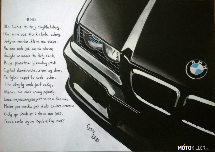 Kolejny mój rysunek – Tym razem fragment BMW E36, oraz wierszyk o BMW. 