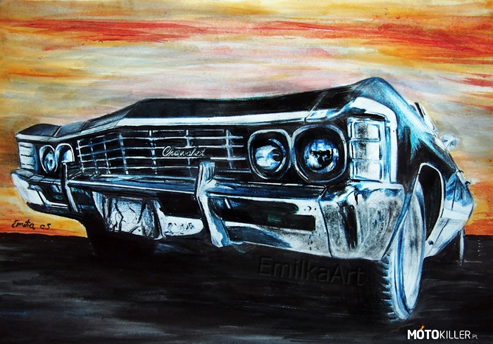 Chevrolet Impala 1967 – Odkładanie roboty na później nie wychodzi mi najlepiej. Format A4. Materiały użyte do rysunku: farby akwarelowe, tusz kreślarski, kredki, ołówki, czarna pastel olejna w ołówku. 