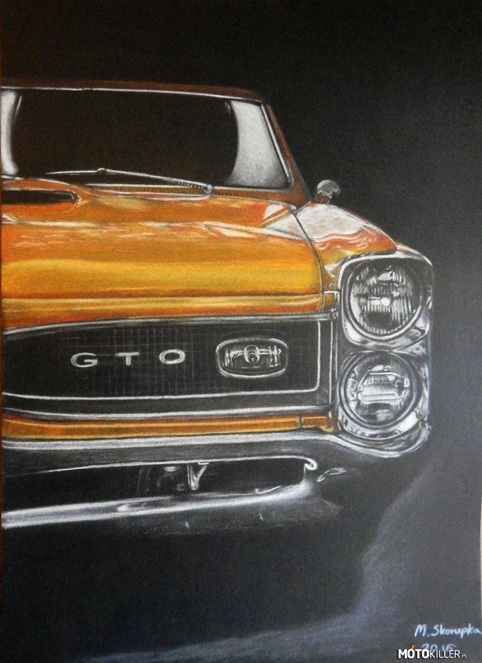 Pastelowy Pontiac GTO - rysunek – Do wykonania rysunku użyłem pasteli suchych, oraz czarnej kartki formatu A3. 