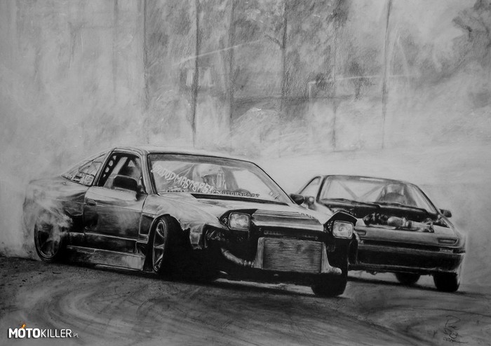 Nissan 180sx&amp; Mazda RX7 FC na papierze... – Dwie japońskie legendy, na papierze i do tego jadące bokiem! 
Rysunek mojego autorstwa, po więcej prac zapraszam: www.facebook.com/puarezdesign 