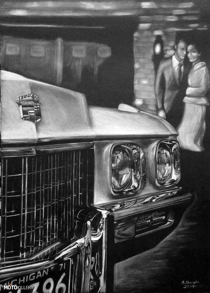 Rysunek - Cadillac Fleetwood Sixty Special Brougham z 1971 roku – Cadillac Fleetwood Sixty Special Brougham z 1971 roku narysowany na czarnym papierze. Wymiary ok. 50x70 centymetrów. Biała kredka i biała pastel. 

Zapraszam na mój fanpage z rysunkami na facebook&#039;u. Link w źródle. 