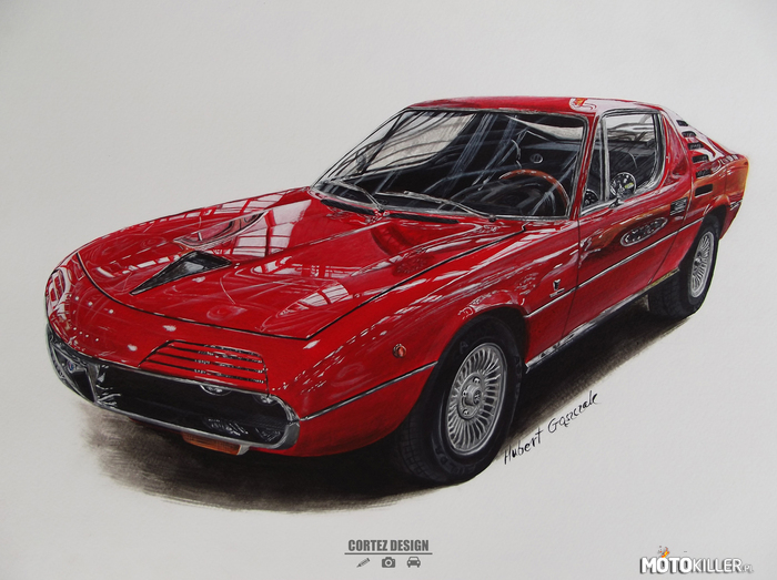 Obraz Alfa Romeo Montreal – Obraz namalowany przeze mnie farbami akrylowymi na papierze. Wymiary 29,7x42cm. Oglądałem ten egzemplarz na żywo i robi świetne wrażenie. Namalowany na podstawie własnego zdjęcia 