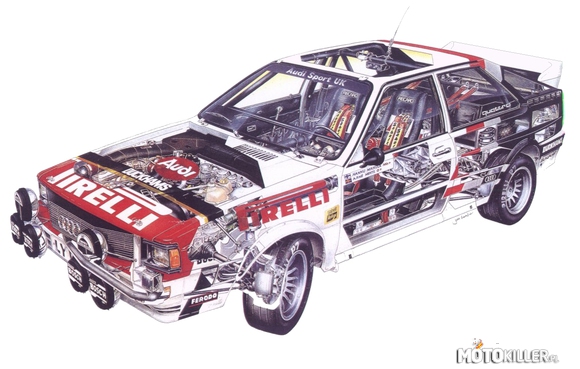 Audi Quattro Grupa B – Audi Quattro zadebiutowało 3 marca w 1980 roku w Genewie. Nad autem pracowano od lutego 1977. Wtedy to Ferdynand Piech, Jorg Bensinger, Hans Nedvidek i kilku projektantów z Audi zaczęło pracować nad rewolucyjnym sportowym wozem. Idea napędu na 4 koła zrodziła się podczas zimowych testów Audi 200 oraz Volkswagena Iltisa. Okazało się wówczas, że powolna terenówka radzi sobie lepiej w zimowych warunkach niż sportowa limuzyna ze 170 konnym silnikiem. Grupa inżynierów postanowiła zaadaptować napęd na 4 koła do auta osobowego. Powstał wówczas pierwszy prototyp opierający się na Audi 80 B1, wyposażony w układ napędu na 4 koła z Volkswagena Iltisa i silnik z Audi 200. Kolejny prototyp opierał się już na przygotowywanym do produkcji Audi 80 Typ 81 (B2). Po przeprowadzeniu testów i przekonaniu zarządu projekt dostał zielone światło i zlecono opracowanie nadwozia opierającego się na Audi 80. Pierwszym kierowcą testowym był Hannu Mikkola. Po krótkim teście skomentował możliwości wozu: „Właśnie doświadczyłem powiewu przyszłości. Ten samochód zrewolucjonizuje rajdy na zawsze”. Pierwszy prototyp określany był skrótem „A1” to: „Allrad 1” (czyli po prostu: „z napędem na wszystkie koła”). To samo oznaczenie nosiła potem pierwsza ewolucja rajdowa tego auta.
Auto zaprezentowane w Genewie technicznie opierało się na wielu elementach Audi 80 Typ 81, na jego bazie powstało również Audi Coupé typ 85. Audi Quattro nosiło wewnętrzne oznaczenie Typ 85, auto zewnętrznie wyróżniało się poszerzeniami nadkoli, szerokimi zderzakami, itp. Pod maską pracował silnik pięciocylindrowy z turbodoładowaniem, początkowo o pojemności 2.1l i mocy 200 KM. Był on rozwinięciem silnika znanego z Audi 200 5T Typ 43. Posiadał 10 zaworów i mechaniczny wtrysk paliwa. Audi Quattro z tym silnikiem rozpędzało się do 100km/h w 7.1s i osiągało prędkość maksymalną 222km/h. Auto było wyposażone w stały napęd na 4 koła z blokowanym centralnym i tylnym mechanizmem różnicowym. Pierwsza poważna modernizacja auta miała miejsce wraz z odświeżeniem gamy Audi 80 Typ81 pod koniec 1982 roku. Wówczas podwójne kwadratowe reflektory zastąpiono reflektorami zespolonymi i wprowadzono elektroniczne wskaźniki. Wcześniej zmieniono również układ sterowania blokadami napędów. W roku 1984 auto przeszło poważniejszą modernizację. Ponownie zmieniono atrapę chłodnicy i przednie reflektory, z tyłu zastosowano czarne lampy firmy Frankani, wprowadzono całkowicie nowe wnętrze oraz elektroniczne wskaźniki z systemem AutoCheck z syntezą mowy. Pod maskę trafił nowy pięciocylindrowy, turbodoładowany silnik o pojemności 2.2 o tej samej mocy. Poprawiła się elastyczność auta, teraz przyspieszenie do 100km/h zajmowało 6.7s. W roku 1987 wraz z wprowadzeniem nowej generacji napędu quattro do wszystkich pozostały modeli Audi również Audi Quattro wyposażono w układ napędowy z centralnym mechanizmem różnicowym typu Torsen i uruchamianą za pomocą przycisku blokadą tylnego mostu. Ostatnia poważna modernizacja auta miała miejsce w 1989, pod maskę trafił wówczas zmodyfikowany silnik 2.2 wyposażony w 20-zaworową głowicę, dysponujący mocą 220 KM. Audi Quattro 20V rozpędzało się do 100km/h w 6.3s i osiągało prędkość maksymalną 230km/h. W tej formie auto było produkowane do 1991 roku, a jego oficjalnym następcą zostało Audi Coupé S2 Typ 8B.


Audi Sport Quattro

Jest to skrócona wersja Audi Quattro. Została zaprezentowana w roku 1983 na potrzeby homologacji rajdowej grupy B. Dzięki krótszemu rozstawowi osi auto miało być bardziej zwrotne. Dla potrzeb homologacyjnych wyprodukowano ponad 200 sztuk. Poza krótszym rozstawem osi, auto wyróżniało się jeszcze szerszymi nadkolami, zmodyfikowanym przodem i maską, przebudowaną tablicą rozdzielczą. Pomimo krótkiego rozstawu osi auto było 4 osobowe. Pod maską pracował pięciocylindrowy silnik 2.1 z turbosprężarką i 20-zaworową głowicą osiągający moc 306 KM. Przyspieszenie od 0 do 100km/h zajmowało 4,9s, a prędkość maksymalna tego auta wynosiła 250km/h. Dostępny był tylko w kilku kolorach nadwozia: białym, czerwonym, zielonym, niebieskim, czarnym. Obecnie ceny rynkowe tego auta wynoszą ponad 100 tys. euro.

Rajdy samochodowe

Twórcom quattro od początku przyświecała myśl o rajdowym wykorzystaniu samochodu. Krótko po rozpoczęciu produkcji seryjnej odmiany, w styczniu 1981 pierwsza rajdowa wersja quattro wystartowała w austriackim Janner Rally od razu wygrywając w debiucie. W tym samym roku quattro zadebiutowało również w mistrzostwach świata, wygrywając z przewagą prawie sześciu minut pierwszy odcinek specjalny. Do takiej przewagi w większości przyczynił się napęd na cztery koła. Warto dodać, że to dzięki quattro w rajdach zaczęto stosować ów napęd. W 1984r. Hannu Mikkola wygrał rajd Portugalii za sterami Quattro A2 sponsorowanego przez HB. Można powiedzieć, że te dwa modele były swego rodzaju wstępem do rajdowej Grupy B. 