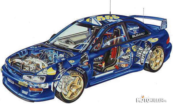 Przekrój auta - Subaru Impreza – Subaru oznacza pierwszą generację Imprezy jako typ GCA (czterodrzwiowy sedan) lub GCB (pięciodrzwiowe kombi). Na rynki Japonii i USA dostarczano również dwudrzwiowego sedana, mylnie nazywanego coupé, oznaczonego jako typ GCF. Początkowo auto dostępne było z silnikami wolnossącymi (wersja GL) o pojemnościach 1,6, 1,8 i 2,0 litrów. Tradycyjnie dla marki Subaru, wszystkie te silniki skonstruowano w układzie przeciwsobnym (bokser). W większości modeli napęd przenoszony jest na obie osie za pomocą centralnego dyferencjału wyposażonego w sprzęgło wiskotyczne. Standardowo dobrze wyposażone (m.in. hamulce wzbogacone o czteroczujnikowy i czterokanałowy system ABS, elektrycznie sterowane szyby i lusterka, wersja kombi posiadająca reduktor) auto przeznaczone dla segmentu C miało pozostawiać niezatarte wrażenie (ang. to impress), stąd m.in. tłumaczy się nazwę modelu. Pożądany rozgłos przyniosła jednak Imprezie dopiero wersja z silnikiem turbodoładowanym, która powstała aby zastąpić w Rajdowych Mistrzostwach Świata starzejący się model Legacy.

Modele europejskie
Na rynku europejskim pierwsze Subaru Impreza z silnikiem turbodoładowanym o pojemności skokowej 2 litrów pojawiło się w roku 1994 pod nazwą Subaru Impreza GT. Była to dostosowana do europejskich warunków i zasad ubezpieczeniowych wersja japońskiej Subaru Impreza WRX. Na przełomie lat 1994-1997 w wersji europejskiej klienci mieli do dyspozycji dwulitrowy silnik o mocy 208 KM. Oprócz mocy, mniejszej niż w japońskiej Imprezie WRX, Impreza Turbo miała twardsze od japońskiego odpowiednika zawieszenie (zmieniono amortyzatory i zastosowano grubsze stabilizatory).
Nadwozie zostało wyposażone w zintegrowany ze zderzakiem przednim głęboki spojler, z bardzo dużymi integralnymi reflektorami, tylną lotkę o zróżnicowanej wielkości, charakterystyczny dla konfiguracji silników Subaru chwyt powietrza do chłodnicy powietrza doładowującego na masce, dodatkowe (fabrycznie zaślepione) otwory wentylujące komorę silnika i listwy boczne.
W roku 1997 firma wprowadziła na rynek silnik o mocy 211 KM, który pozwalał osiągnąć 100 km/h w 6 sekund. Model ten posiadał też zmodyfikowane w stosunku do poprzednika nadwozie. Zaostrzono nieco linie przodu zmieniając m.in. maskę, reflektory przednie, atrapę chłodnicy. We wnętrzu dodano nowe fotele kubełkowe i inną tapicerkę. W 1998 roku ponownie zmodyfikowano wygląd. Dodano białe wskaźniki i cyfrowy licznik przebiegu, kierownicę marki MOMO, montowano 16 calowe, aluminiowe koła. W roku 1999 zwiększono moc silnika do 218 KM oraz dodano do wersji turbo nowe, czterotłoczkowe zaciski hamulcowe współpracujące z tarczami o powiększonej średnicy. Jako wyposażenie dodatkowe dostępne były nowe spojlery przedni oraz tylny, wyprodukowane przez firmę Prodrive. Pojawiły się też lusterka w kolorze nadwozia, zaś reflektory przeciwmgłowe i główne zostały ukryte za kloszami z gładkiego szkła, nadającego auto nieco bardziej nowoczesny wygląd. Pojawiły się też egzemplarze fabrycznie pozbawione systemu klimatyzacji, ABS i poduszek powietrznych, ułatwiające niezależnym zespołom budowę samochodu rajdowego.

Subaru Impreza WRC w specyfikacji z 2000 roku
W czasie, gdy Impreza pierwszej generacji oferowana była na rynku europejskim, pojawiło się kilka wersji specjalnych tego auta. Pierwszą z nich był model McRae Special Edition, wyprodukowany w 1995 r. dla uczczenia dokonań Colina McRae podczas rajdu RAC. Kolejnym modelem była Impreza Catalunya (okazją było zdobycie przez zespół Subaru tytułu Mistrza Świata Producentów). W roku 1998, dla uczczenia trzeciego z rzędu tytułu Mistrza Świata Prodcuentów, Subaru wypuściło model Impreza Terzo (wł. &quot;trzeci&quot;). Kolejnym modelem specjalnym był RB5 (&quot;Richard Burns 5&quot; - z takim numerem ten kierowca rajdowych Mistrzostw Świata jeździł w barwach Subaru). Co ciekawe, wszystkie te modele nie różniły się niczym poza ozdobnikami od powszechnie dostępnych - jedynie do wersji RB5 można było zamówić pakiet WR, podnoszący moc silnika do 240 KM. Dopiero Impreza P1, zbudowana w 1999 na bazie dwudrzwiowego sedana przez firmę Prodrive na zamówienie importera - Subaru (UK) Limited, miała silnik o mocy 280 KM oraz liczne usprawnienia (dostosowane do szybkiej jazdy po krętych i wyboistych drogach zawieszenie, wzmocnione hamulce), które nadawały jej charakter prawdziwej edycji specjalnej.

Modele japońskie
Poza odpowiednikami wersji europejskich, Subaru oferowało w Japonii Imprezy niedostępne w Europie i USA. Różnice ujawniają się przede wszystkim w autach z silnikami turbodoładowanymi. W przeciwieństwie do wersji europejskich, rozwijały one moc od 250 do 280 KM. Również tylko dla rynku japońskiego zarezerwowano wersje STI (Subaru Tecnica International), które poddane były fabrycznemu tuningowi. Modele STI, produkowane przez sześć generacji, wykazują się zmienionymi elementami osprzętu silnika, usportowionym zawieszeniem i hamulcami. Auta oznaczane jako STI Type-R bazowały na dwudrzwiowej karoserii Imprezy, i dzięki niewielkiej masie własnej, centralnemu mechanizmowi różnicowemu o regulowanej sile spięcia osi oraz silnikowi o dużym momencie obrotowym wykazywały się osiągami na miarę supersamochodów (przyspieszenie do 100 km/h w mniej niż 5 sekund). Interesującym modelem Imprezy, który mógł przyspieszyć prace nad SUV-em Forester była Impreza Gravel Express. Była to uterenowiona podwyższona, turbodoładowana Impreza kombi, z dodatkowymi rurowymi zabezpieczeniami przodu i tyłu auta, oraz szerokimi ochronnymi listwami na drzwiach.
Wśród aut przeznaczonych na rynek japoński pojawiło się wiele modeli specjalnych, wyprodukowanych w krótkich seriach. Były to wspomniany STI Type-R, przeznaczony wyłącznie do budowania na jego bazie samochodów rajdowych model WRX RA, pozbawiony materiałów wygłuszających i wyprodukowany z cieńszej blachy, z odsłoniętymi miejscami mocowania klatki bezpieczeństwa, WRX RA-STI będący jego wersją z najmocniejszym dostępnym seryjnie silnikiem, oraz kultowy model STi 22B. Ten ostatni, wyprodukowany w 401 egzemplarzach, charakteryzował się silnikiem o pojemności 2,2 l i mocy szacowanej na ponad 380 KM, poszerzonym dwudrzwiowym nadwoziem i wyczynowym zawieszeniem wyprodukowanym przez niemiecką firmę Bilstein. STi 22B uznawany jest za szczytowe osiągnięcie w rozwoju platformy GC.

Modele amerykańskie

W Stanach Zjednoczonych największą popularnością cieszyły się najtańsze wersje typu GC, napędzane silnikiem 1.6l. Typ GC nie był oferowany w USA z silnikami turbodoładowanymi, ze względu na niemożność spełnienia przez te silniki kalifornijskich norm emisji substancji szkodliwych w spalinach. Częstą praktyką kupujących była rezygnacja z napędu na 4 koła na rzecz tańszych wersji z napędem na przednią oś. Stosunkowo popularna była również wersja dwudrzwiowa. Wraz z sukcesami w Rajdowych Samochodowych Mistrzostwach Świata, Subaru wprowadzało na rynek amerykański mocniejsze wersje silnikowe, w tym wolnossący, 160-konny silnik o pojemności 2.2 litra, do dziś stosowany w różnych pojazdach tej marki. Odpowiednikiem japońskiego &quot;Gravel Express&quot; była wyprodukowana w niewielkiej ilości na rynek amerykański Impreza Outback - jednak również ten model pozbawiono silnika turbo. Dobra sprzedaż dwudrzwiowego sedana oznaczonego jako Impreza RS, do złudzenia przypominającego japońską, sportową wersję Type-R (jednak bez turbosprężarki) była powodem, dla którego Subaru zdecydowało się wprowadzić na rynek amerykański silniki turbodoładowane po wyposażeniu ich w dodatkowe katalizatory. Nastąpiło to wraz z pojawieniem się nowej generacji nadwozia Imprezy. 