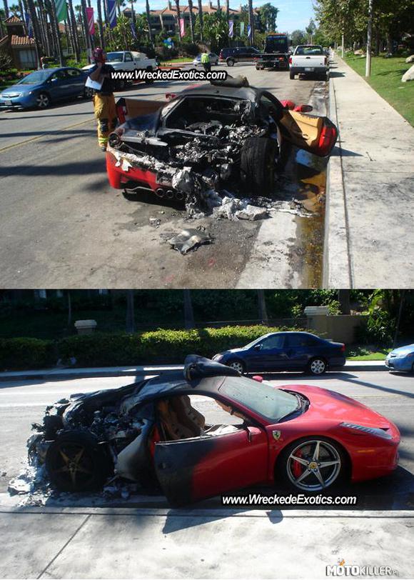 Ferrari 458 Italia spłonęło – Tradycji stało się zadość! Minęły niespełna dwa dni od poprzedniego wpisu o Ferrari 458 Italia, które poszło z dymem wraz z pożarem londyńskiego magazynu. Tym razem mamy natomiast przypadek, kiedy to samochód po raz kolejny zapalił się samoczynnie. O dziwo był to dopiero pierwszy taki przypadek w Stanach Zjednoczonych. Ogólnie rzecz biorąc jest to już dziesiąte Ferrari 458 Italia, które zostało rozbite, bądź też spłonęło.
Co ciekawe tą niechlubną serię zapoczątkowano kraksą 20 maja 2010 roku w Polsce – dokładniej we Wrocławiu. Pierwszy przypadek samozapłonu auta miał natomiast miejsce 8 lipca w Paryżu.
Podsumowując, mieliśmy już 5 wypadków z udziałem Ferrari 458 Italia, 3 przypadki, w których auto zaczęło się palić oraz 1 gdzie było ofiarą pożaru londyńskiego magazynu. Ten wypadek miał miejsce w Costa Mesa w Kalifornii i jest pierwszym przypadkiem samozapłonu auta w USA i czwartym licząc globalnie.
Ja na miejscu Ferrari zacząłbym się powoli martwić o tę konstrukcję. Tyle samochodów zaczyna płonąć bez wyraźnej przyczyny. Moim skromnym zdaniem, włoski producent powinien powołać zespół specjalistów, którzy na wzór ekip od katastrof lotniczych, będą jeździć na miejsca tego rodzaju wypadków, szukać przyczyn i w dalszej kolejności eliminować je z konstrukcji Ferrari 458 Italia. 