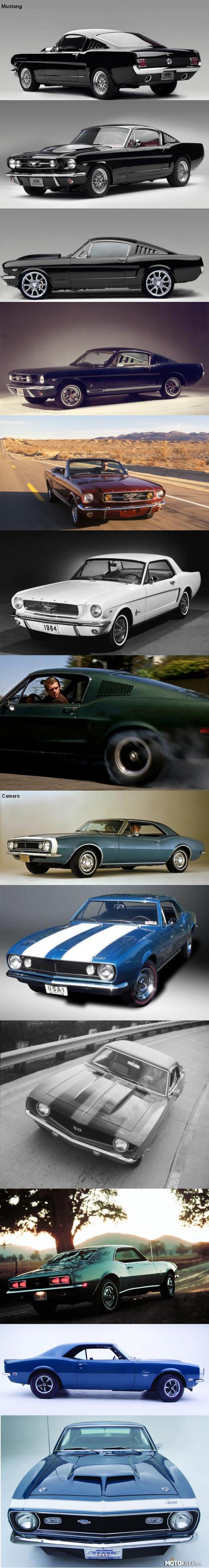 Mustang Vs. Camaro – Rywalizacja pomiędzy koncernami Ford oraz GM trwa od ponad stu lat. Jeden z jej najbardziej burzliwych etapów przypada na lata 60&prime; i 70&prime;, kiedy to konkurowały ze sobą dwie ikony muscle cars - Ford Mustang oraz Chevrolet Camaro. Który z nich jest waszym faworytem?

Produkcja legendarnego mustanga rozpoczęła się w 1964 roku. Założenie było proste: miał to być atrakcyjny i niedrogi samochód sportowy dla pierwszego powojennego pokolenia amerykańskiej młodzieży. Początkowo zakładano sprzedaż na poziomie 100 tys. egzemplarzy rocznie. Jakże wielkie musiało być zatem zdziwienie twórców mustanga, kiedy dowiedzieli się, że cel został osiągnięty już w 3 miesiące od debiutu... Po roku od wprowadzenia do sprzedaży nabywców znalazło 318 tys. mustangów, co stanowi rekord niepobity do dziś.
Odpowiedzią koncernu General Motors był model camaro, który zadebiutował w 1966 roku. Nie udało mu się pobić rekordu sprzedaży mustanga, za to górował nad nim w kategoriach mocy. W najmocniejszej wersji wielkie, siedmiolitrowe V8 forda generowało 390 KM, co nawet dziś jest wartością budzącą szacunek. Jednak topowe camaro osiągało oszałamiającą jak na tamte czasy moc 425 KM, i to z mniejszej pojemności (6,5 l).
Dzięki znacznej liczbie sprzedanych egzemplarzy podaż mustanga jest dosyć duża i do dziś można znaleźć zadbany egzemplarz. Problemem są jednak ceny - w Niemczech sięgają one nawet 200 tys. euro... Z racji mniejszej popularności camaro rzadziej występuje na rynku wtórnym. Chevy nie był też otaczany takim kultem jak mustang, stąd też jego ceny są znacznie bardziej przystępne. Za zachodnią granicą dobrze utrzymany egzemplarz można kupić już za 20 tys. euro.

Którego wybieracie? Mustang, czy Camaro?
Lubię To-Mustang
Jest Moc-Camaro 