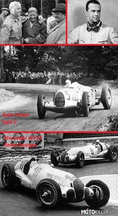 Pojedynek – Jest 28 stycznia 1938 roku. Zamknięty odcinek autostrady w okolicach Berlina. Arcyrywale: Auto Union i Mercedes właśnie tutaj próbują udowodnić drugiemu, kto posiada szybszy pojazd. Za kierownicą Auto Uniona zasiada 28-letni Bernd Rosemeyer(po lewej, z małżonką i Ferdynandem Porsche), w Mercedesie zasiada doświadczony Rudolf Caracciola. Pierwszy rusza Niemiec włoskiego pochodzenia. Osiąga niesamowitą prędkość: (UWAGA! mocno się trzymać krzeseł) 432km/h (!!!). W 1938 roku! Rosemeyer ruszył drugi i nie przestraszyło go nawet to, że zwiększyła się siła wiatru. Kilka chwil później, przy prędkości ok. 430 km/h silniejszy podmuch wiatru sprawia, że 28-latek traci panowanie nad autem. Bolid wylatuje z trasy z ogromną prędkością, koziołkując niezliczoną ilość trasy. Ciało Bernda zostaje znalezione 100 metrów od wraku; jego serce przestaje bić chwile po tym, jak znajduje go lekarz. Wrak Auto Uniona nigdy nie skompletowano do końca. Jak powiedział później Caracciola: &quot;Rosemeyer dosłownie nie znał strachu. To my baliśmy się za niego przy każdym wyścigu&quot;. Dla dopełnienia- Caracciola nie oddał ducha na torze, zmarł w 1959 roku po kilkuletniej walce z nowotworem kości. 