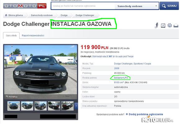 Dodge Challenger +LPG – Dodge Challenger 
6100 cm³  (Moc 430 KM / 316 kW)
+instalacja LPG
Takie rzeczy tylko w Polsce. 