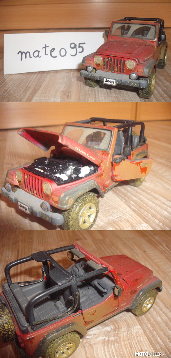 Modelarstwo: Rubicon – Jeep Wrangler Rubicon firmy Maisto w skali 1:27. Kupiony jako gotowy model. Wygląda jak po przeprawie przez puszczę. Cały w błocie i ze zdartym miejscami lakierem. 