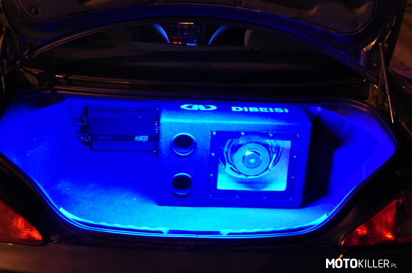 Wlepka – bagażnik w moim 406 coupe (niebieskie podswietlenie,tuba DIBEISI 500W i wzmacniacz) 