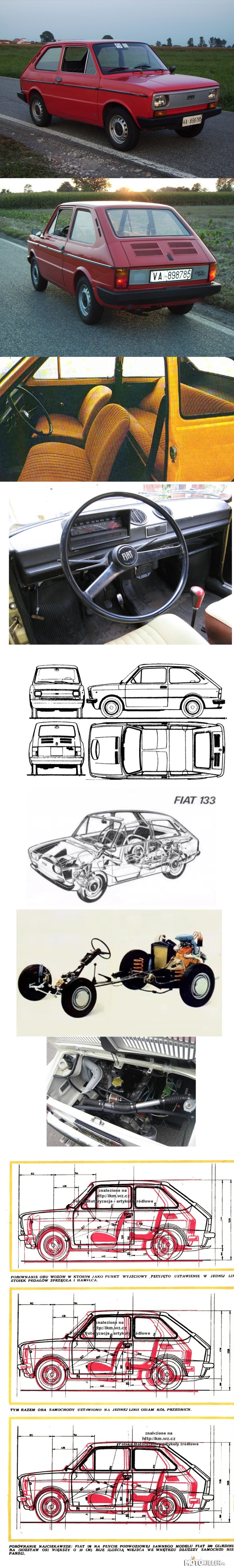 FIAT/SEAT 133 – Praktycznie nieznany w Polsce model Fiata/Seata, wyglądający jak 126 z lekką nutą 127 i 128. Wrzucam jako ciekawostkę, sam wolę 126&apos;kę
____________________________

FIAT/SEAT 133 był kompilacją stylistyczną modeli 126, 127 i 128. Technologia wytłaczania blach (kształtki, wytłoczki, przetłoczenia itd) była wspólna z modelem 127. 133 powstał jako odpowiedź na model 126. Hiszpanie bowiem odrzucili propozycję licencyjnej produkcji tego modelu. 126 nie spełniało ówczesnych wymogów hiszpańskich kierowców. SEAT wciąż produkował model 600 oraz 850. W salonach można było kupić importowane Fiaty 500 jednak nie sprzedawały się tam dość dobrze. Decyzja ta wynikła również z tego, że SEAT nigdy nie produkował modelu 500. 126 jakkolwiek nieco większe w istocie było Fiatem 500 w nieco innej &quot;skórce&quot;. Projekt modelu 126 jednak bardzo podobał się inżynierom SEAT-a. Podobał się również potencjalnym nabywcom. Zapadła zatem decyzja o stworzeniu własnego konceptu o stylistyce 126 jednak sporo większego (wymiary prawie jak 127). Gotowa była płyta podłogowa Fiat/SEAT 850. Sporo nowocześniejsza i lepsza od platformy 500/126 choć podobna konstrukcyjnie. Zaprojektowano zatem nowe nadwozie. Inżynierom Fiata tak się spodobał ten model, że sprzedawano to auto pod marką Fiat np. w Niemczech i Belgii. Jako Fiat 133 był też produkowany w Argentynie do 1985 roku. Tam też powstała usportowiona wersja IAVA. Miała silnik o pojemności 903 cm³ i mocy maksymalnej 50 KM, czterobiegową skrzynię biegów oraz obniżone zawieszenie i tarczowe hamulce przednie z modelu Fiat 850 Spider. Prędkość maksymalna wynosiła około 133 km/h. Fiat/SEAT 133 produkowany był również w egipskich zakładach El Nasr do 1994 roku. 