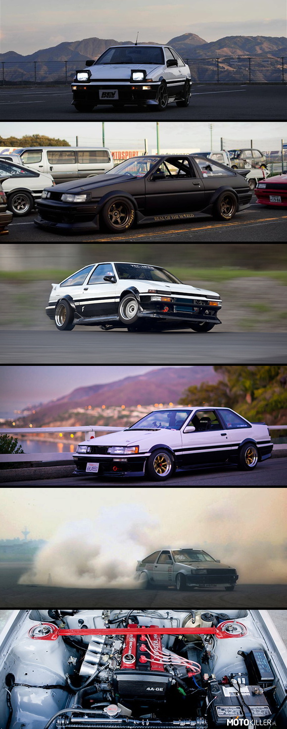 Corolla Levin / Sprinter Trueno AE86 – W 2013 roku mija dokładnie 30 lat, od premiery tych modeli Toyoty. W 1983 roku, generacja E80 (Corolla i Sprinter) pojawiła się na rynku, a w tym 3-drzwiowe modele, czyli AE85 (Hachi-Go) i AE86 (Hachi-Roku), pierwszy ukierunkowany był na oszczędność, natomiast drugi na sport. Z czasem model AE86 zaczął zyskiwać coraz większe uznanie i szacunek, lokalna (japońska) scena sportu samochodowego była nasycona tym modelem, od lig wyścigowych, rajdowych, poprzez gymkhana, a kończąc oczywiście na driftingu. W krajach gdzie popularność i ilość AE86 była mniejsza, stosunek ten był odpowiednio mniejszy. Tak czy inaczej, powoli zaczęło się to przeradzać w kult, napędzała to również ciekawość JDM, który kilkanaście lat temu zaczynał być popularyzowany, przelewały się tony informacji, zdjęć, filmów itp, przedstawiające ten samochód w klimatach, do których został stworzony.
Ale mimo wszystko, dzisiaj nie wszyscy łapią klimat tego samochodu. 
Jedni nie zwracają uwagi na ten model, ponieważ śledzą jedynie aktualności, słowo &quot;Corolla&quot; kojarzy im się z przednionapędowymi modelami, o których czytają dziś na onecie. 
Dla innych to nadal &quot;tylko toyota&quot; albo &quot;tylko corolla&quot;, poza tym myślą, że jego popularność to wyłącznie &quot;japońska bajka&quot; (chodzi im o mangę i anime Initial D). 
Jednak istnieje też spora grupa ludzi, dla których ten samochód to nie kończąca się miłość i pasja, obiekt fascynacji dotyczących najmniejszych ciekawostek oraz szczegółów, czy też dyskusji na temat wyników wyścigów sprzed kilkunastu lat i specyfikacji danych modeli, nie zapominając o bazie modyfikacji które nadal przedłużają życie tego samochodu, itp. itd. 
Sport jest esencją duszy AE86. Osobiście za każdym razem jak myślę o tym modelu, mam przez oczami jego specyfikację N2 łącznie z wyglądem, albo driftowóz z solidnie zbudowanym silnikiem 4A lub 3S po swapie, czy też jakikolwiek projekt który jest efektem pasji, aby po 30 latach od opuszczenia fabryki, mieć sportowy samochód który oferuje taki poziom doznań, że niektórym ludziom ciężko pozbywać się Toyoty AE86. 