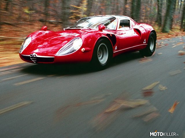 Alfa Romeo 33 Stradale – Silnik: V8 poj.1995ccm (wolnossący)
Moc: 230 KM przy 8800 obr/min.
Max.moment obr	200 Nm przy 7000 obr/min.
Napęd: RWD
0-100 km/h - 5.5s
V max. 260-280 km/h

(Wyprodukowanych tylko 18 egzemplarzy). 