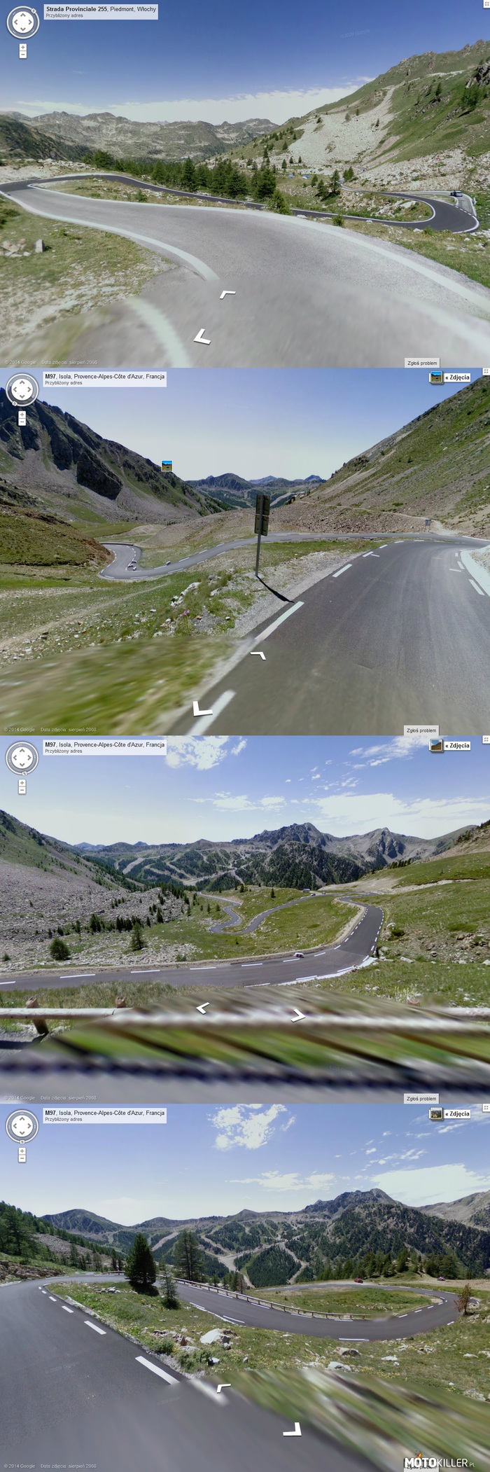 Podróż przez Alpy z Google Street View – Odc.6 droga SP255 Włochy, biegnie od miejscowości Pratolungo-Roviera na płd. potem po przekroczeniu granicy z Francją zmienia się w M97 dociera do miejscowości Isola. 