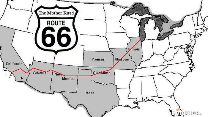 Route 66 – The Mother Road - Droga-matka
Otwarta 11 listopada 1926 roku trasa drogowa w USA o długości 2448 mil (3939 km) łącząca Chicago z Los Angeles, a od 1936 przedłużona do Santa Monica. Przebiegała przez 8 stanów. 