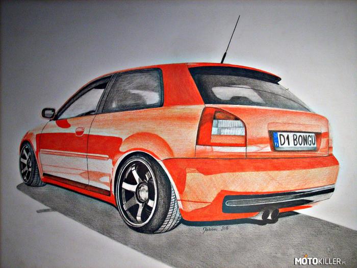 Audi A3 w wersji papierowej – Mój rysunek Audi A3, dla mega dobrego przyjaciela z mojej &quot;paczki&quot;. 
Poprosił, wiec ma. A co.

Format A3, kredki KOH-I-NOOR Polycolor 72, ołówki Derwent, burnisher, blender, pierdoły... Czas pracy 20h+. 
Mam nadzieję że się podoba!

Zapraszam na FanPage: 