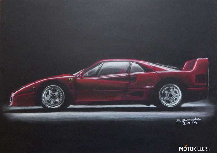 Rysunek Ferrari F40 – Rysunek mojego autorstwa. 
Wykonany czerwoną i białą pastelą suchą na czarnym papierze. Format A3.
Więcej moich rysunków możecie zobaczyć na Facebook&apos;u. Link w źródle 