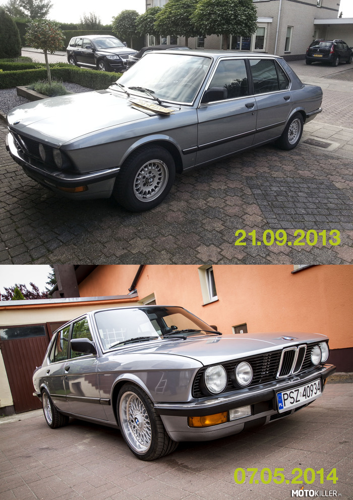Z serii jak wszyscy... to i mój projekcik – BMW E28 524td 1984r.
Pierwsze zdjęcie jeszcze w Holandii w dniu kupna, 2-gie dzisiaj po złożeniu letniego setup-u. Przez ten czas zrobiona mechanika, nowy lakier, nowe zawieszenie, koła 17&quot;, nowe chromy i cała masa innych detali. A lista rzeczy do zrobienia jakby nie miała końca 