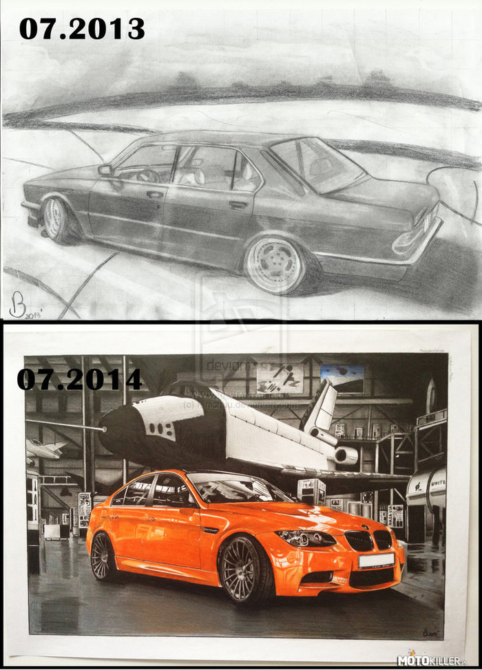 BMW porównanie – Rok różnicy w pracach. U góry BMW e28 zrobiona w 07.2013, format A4. Dół BMW m3 e90 zrobiona w 07.2014, format A3. 
Zapraszam do komentowania oraz krytykowania. Reszta moich prac w źródle. 
