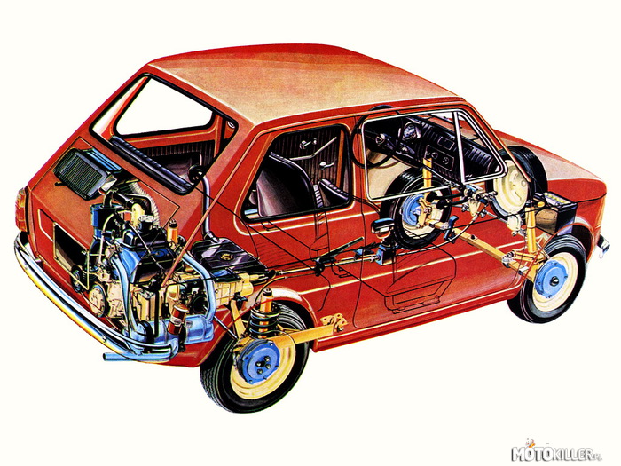 Przekroje samochodów &quot;Fiat 126 (1973)&quot; – SILNIK
pojemność skokowa:  594 ccm
moc:  23KM
moment obr.:  39Nm
układ silnika, liczba cylindrów:  rzędowy, 2
położenie silnika:  tył
ustawienie silnika:  podłużnie
średnica x skok tłoka:  73.50mm x 70.00mm
typ:  OHV - zawory w głowicy, wałek rozrządu w bloku silnika
stopień sprężania:  7.50:1

OSIĄGI
przyspieszenie 0-100 km/h:  54s
prędkość maksymalna:  105km/h
stosunek mocy do masy:  0.04 KM/kg

ZAWIESZENIE
napęd:  na koła tylne
hamulce przód / tył:  bębnowe / bębnowe
skrzynia biegów:  liczba biegów: 4, skrzynia biegów: manualna

WYMIARY i WAGI
długość:  3054mm
szerokość:  1378mm
wysokość:  1302mm
rozstaw osi:  1840mm
prześwit:  140mm
masa:  580kg
pojemność zbiornika paliwa:  21 litrów

CIEKAWOSTKI
-Łącznie wyprodukowano 4671586 sztuk Fiatów 126, z czego we Włoszech powstało 1352912 sztuk. W Polsce wyprodukowano łącznie 3318674 sztuk Fiatów 126, z czego w Bielsku-Białej – 1152325, a w Tychach – 2166349.
-W latach 1974-75 austriacka firma Steyr-Daimler-Puch w miejscowości Graz produkowała własną wersję Fiata 126, zwaną Fiat-Steyr 126 lub Steyr-Puch 126, gdzie przychodziły samochody bez silnika i bez kół.Montowany był własny, dwucylindrowy silnik typu bokser,o parametrach i osiągach lepszych niż Fiat 126 600. Pojemność skokowa wynosiła 643 cm³, moc 25 KM, moment obrotowy 41Nm przy, stopień sprężania 7,8. Silnik ten zapewniał wyraźnie lepsze osiągi niż 126p 600, do 100 km/h w zaledwie 37s zamiast 54s. Prędkość maksymalna również wzrosła do ok. 115 km/h (126p - 105 km/h). Spalanie było wyższe o ok. pół litra na 100 km. Samochód seryjnie wyposażony był w niezależne ogrzewanie benzynowe co miało wpływ na wyższą cenę o ok. 23% 