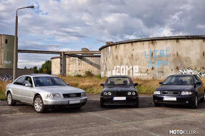 Trzy Niemki – Tym razem zdjecie grupowe. Od lewej:
Audi A8 D2 4.2 quattro
Bmw 316i E30 
Audi A3 8L z silniczkiem 1.6. 
