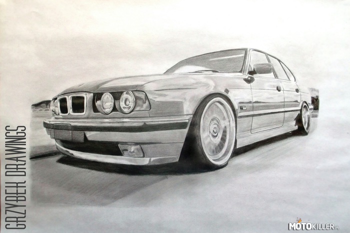 BMW E34 – Rysunek wykonany ołówkami HB i 6B
na formacie A3. 