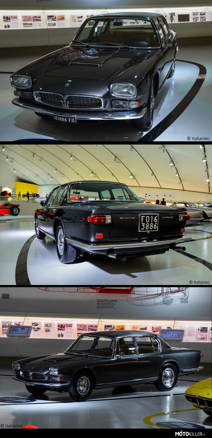 1965 Maserati Quattroporte – Maserati 3500GT ( http://motokiller.pl/210659/Maserati-3500GT-Touring )  odniósł wielki sukces, a takim modelom trudno znaleźć następce. 
W 1963 roku została podjęta decyzja zaprezentowania na salonie w Turynie dwa modele o innych obliczach: Quattroporte i 2 miejscowa Berlinetta ( później nazwana &quot;Mistral&quot;). Ów czas Quattroporte stał się najszybszą limuzyną na świecie. Mimo, że kosztował 6.230.000 lirów (tyle co 13 Fiatów 500) był posiadany przez wielu ważnych osób na całym świecie, od głów państw po aktorów i prywatnych kolekcjonerów. Od pierwszej generacji Quattroporte stanowi jeden z najważniejszych modeli marki z trójzębem na masce.
Pierwszym właścicielem egzemplarza na zdjęciach był Marcello Mastroianni.

Silnik: V8 DOHC, 4.2l 
Moc 260 KM
Prędkość max. 230 km/h 