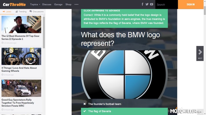 Co oznacza logo BMW? – Mam nadzieję, że to rozwiąże ostatecznie wątpliwości motokiller&#039;ów/motofan&#039;ów.
Quiz wrzucony przez BMW Polska na FB.
Tłumaczenie:
Kiedy podtrzymywane jest wierzenie w to, że logo BMW jest nawiązaniem do korzeni związanych z aero-silnikami, prawda jest taka, że logo BMW to nawiązanie do flagi Bawarii, gdzie BMW zostało założone. 