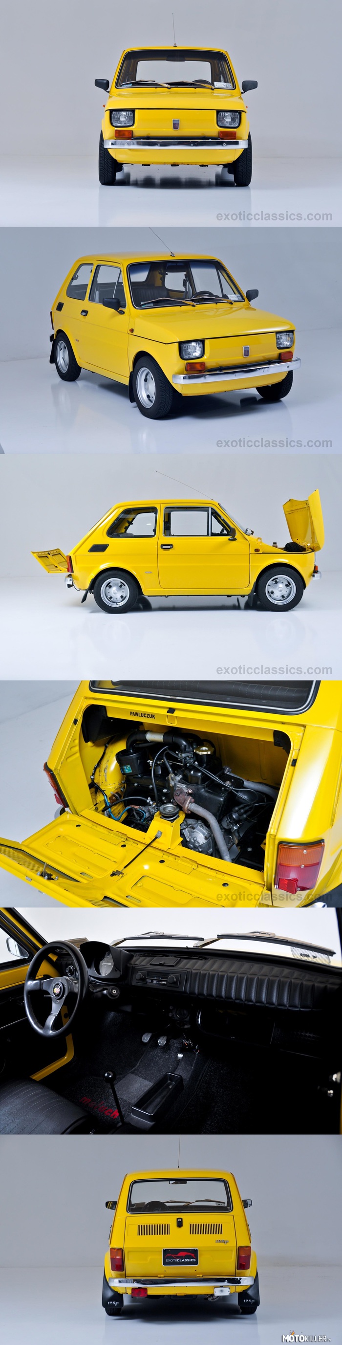 Fiat 126P 1976 – W nietypowym kolorze Ginster Yellow z przebiegiem 47 525 km i silnikiem 600cc. Jest to jeden z pierwszych modeli na licencji Fiata, z chromowanymi zderzakami i szerokim rozstawem szpilek w kołach. Sprzedany u dealera Exotic Classics w USA. 