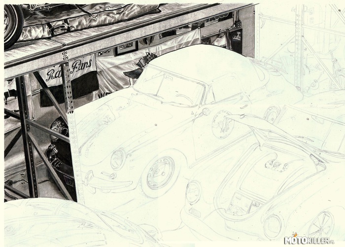 Garaż Porsche – I taki mały postęp w pracach dla zainteresowanych, Wykonywany kredkami. 