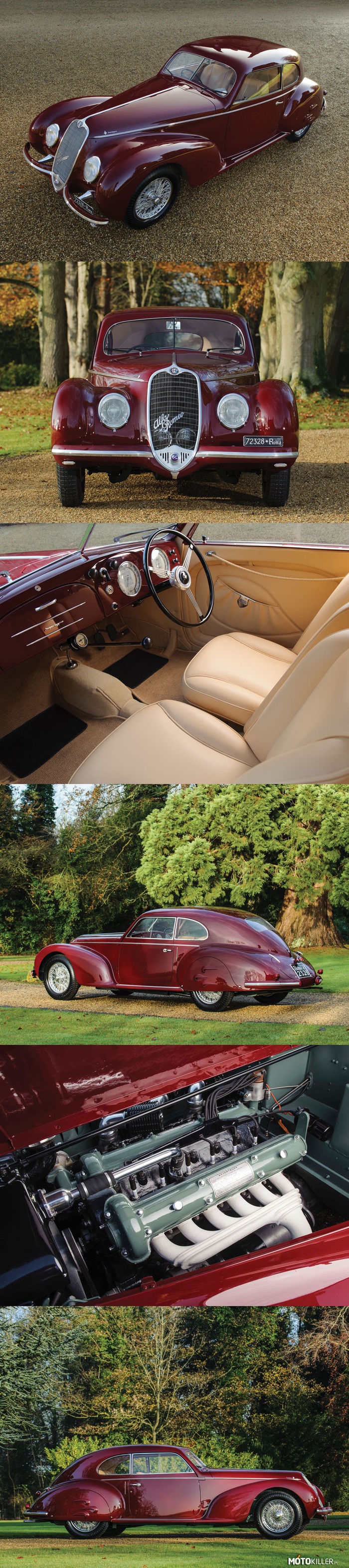 Alfa Romeo 6C2500 Sport – 1939 rok, silnik 2.5L, 6 cylindrowy na gaźnikach firmy Weber o mocy 110 KM. Samochód z bardzo ciekawą i mroczną historią. Ten konkretnie wóz był podarunkiem, który Benito Mussolini złożył swojej wieloletniej kochance, Clarze Petacci. Również ta Alfa towarzyszyła im w próbie ucieczki do Szwajcarii, zakończonej niepowodzeniem – rozpoznaniem przez partyzantów, aresztowaniem, egzekucją i publicznym wywieszeniem ciał. Teraz ma być sprzedana za ok. 8-10 milionów złotych… i szokujący może być fakt, że w roku 1970 Alfa zmieniła właściciela za marne 300 dolarów. 