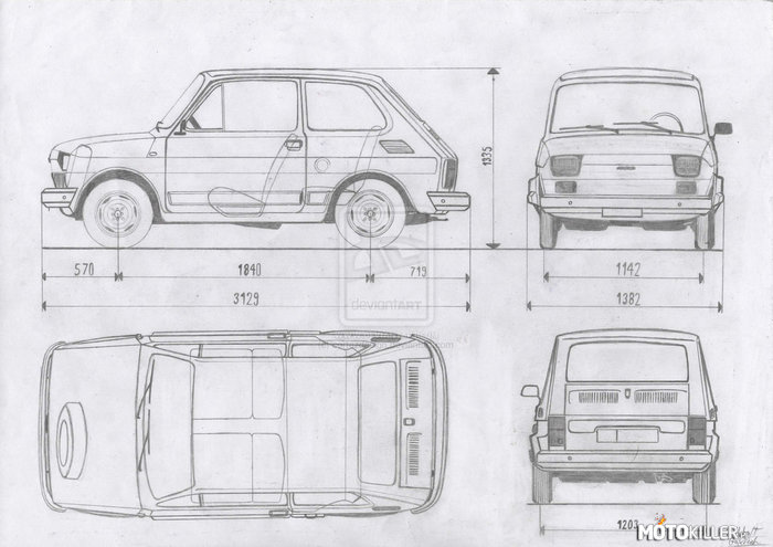 Fiat 126p Komfort - rysunek techniczny – Nasza poczta nie dostarczyła mi na czas przesyłki z czymś czego potrzebowałem do zrobienia innego rysunku, a że akurat miałem wenę postanowiłem zrobić szybki rysunek techniczny. Jak się okazało nie był on aż taki szybki, poświęciłem na niego około 7 godzin. Wzorowałem się na rysunku technicznym z książki &quot;Reguluję i naprawiam&quot;. Jak na pierwszy tego typu rysunek uważam, że wyszło całkiem dobrze. Jak widać na skanie jest kilka błędów, np. na widoku z góry brakuje lusterka, ale już je dorysowałem. 
A Wy co sądzicie?
Na mojej stronie (do której podałem link w źródle) można zobaczyć etapy powstawania tego rysunku. 