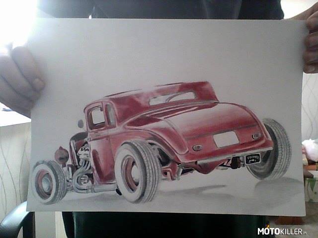 Hot rod – Cześć nazywam się Grzegorz i wykonuje rysunki samochodów. Używam ołówków, kredek oraz pisaków. 