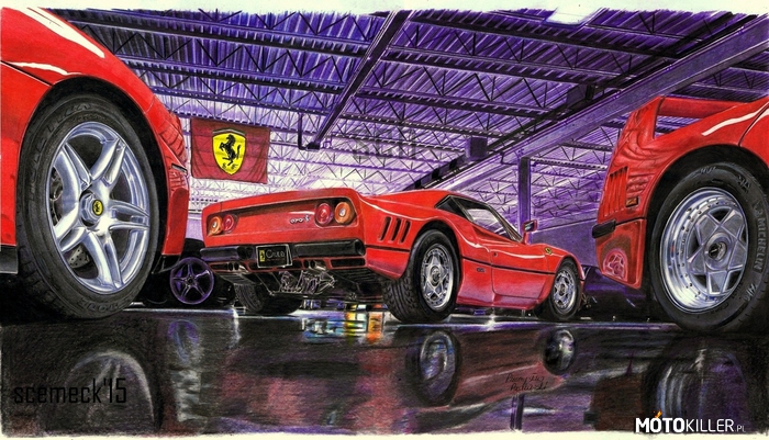 Ferrari Garage - rysunek – Kolejny garaż skończony.
Pożarł mi trochę cierpliwości i nerwów, a zwłaszcza dach z tą blachą trapezową, ale jakoś poszło. 
Rysunek wykonany w całości kredkami, format papieru 70/50, wielkość rysunku 70/40 cm.
Czas to ok 70-80 godz. 