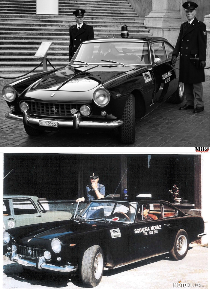 Nie tylko Lamborghini służyło we Włoskiej policji – W latach 60 normalne radiowozy nie były w stanie nadążać za przerobionymi samochodami mafiozów, więc zwrócili się do Enzo Ferrari, który zlecił zbudowanie dwóch egzemplarzy modelu 250 GTE. Jeden z nich został rozbity i zniszczony jeszcze w fazie testów, drugi (na zdjęciach) znakomicie spełniał swoją rolę.
 3 litrowa V- dwunastka generowała 235 KM, co pozwalało osiągnąć maksymalną prędkość 230 km/h. 