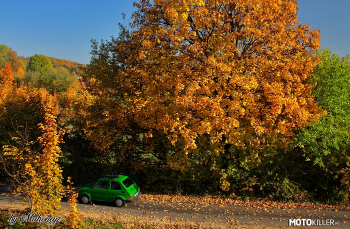 Zielony maluch na tle złotej jesieni... – Zdjęcie zrobione w Tyńcu pod Krakowem, maluch oryginalnie był niebieski ale stwierdziłem, że zielony będzie oryginalniejszy. 