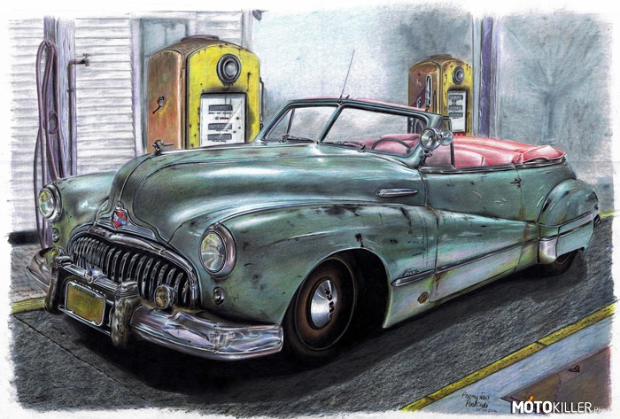 Buick Super Convertible 1948 – Witam i z nowym rokiem przedstawiam mój najnowszy rysunek. Buick ze stajni Jay&#039;a Leno wykonany w całości kredkami. Sam samochód był oparty na zdjęciu tło to już mój wymysł zainspirowany kilkoma zdjęciami starych stacji benzynowych. 
Format B2 70/50cm.
Wszystkiego dobrego w nowym roku. 