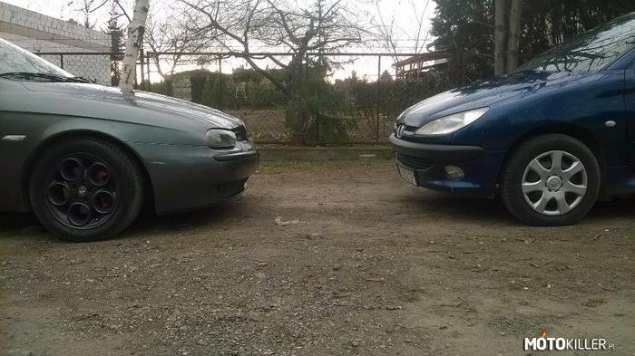 Włoszka i Francuzka – Po lewej stronie Alfa Romeo 156 Sportwagon mojego brata, po prawej mój Peugeot 206. Obie dzisiaj dopieściliśmy najbardziej, jak to tylko było możliwe. 